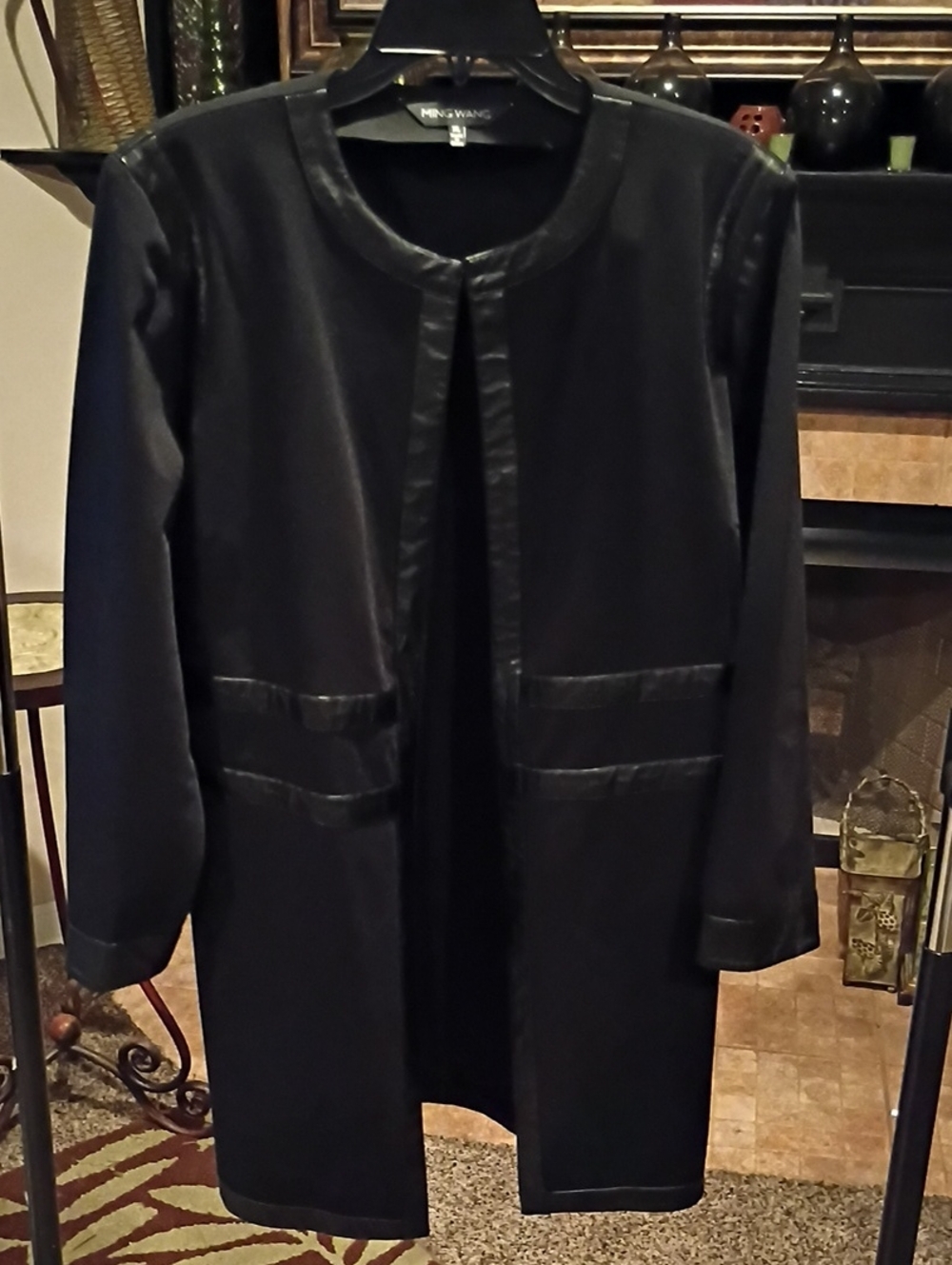 Ming Wang Rayon Blend Black Jacket/Coat with Banded Leather Trim & Side Slits - Picture 2 of 13